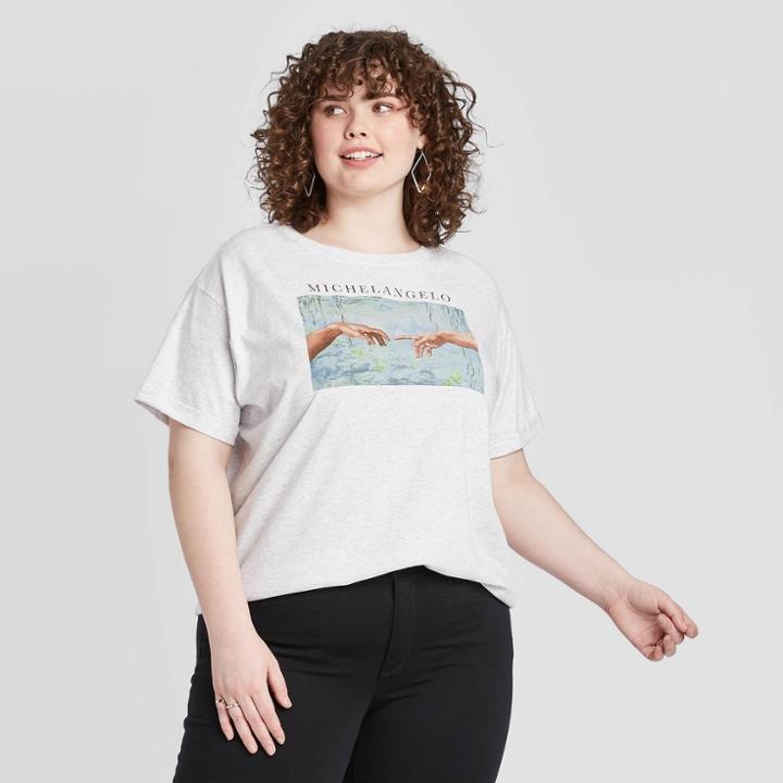 Fifth Sun Women's Michelangelo Art Plus Size Rolled-cuff Short Sleeve Graphic T-shirt (juniors') - Ash 1x, Women's, Size: