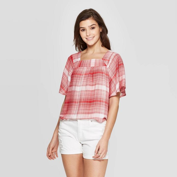 Women's Plaid Flutter Short Sleeve Square Neck Blouse - Universal Thread Red