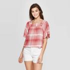 Women's Plaid Flutter Short Sleeve Square Neck Blouse - Universal Thread Red