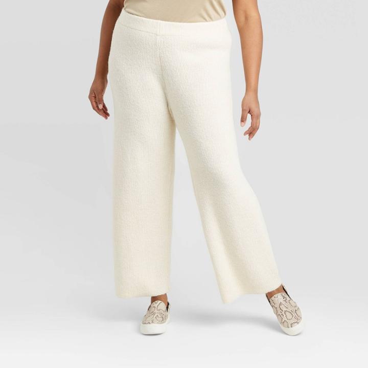 Women's Plus Size Wide Leg Ankle Length Sweater Pants - A New Day Tan 1x, Women's,