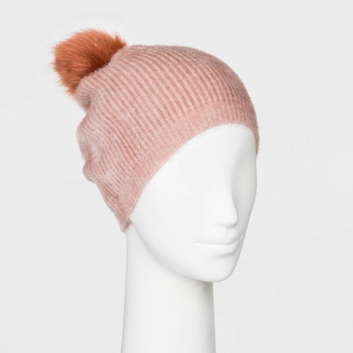 Women's Plush Beanie With Pom - A New Day Pink