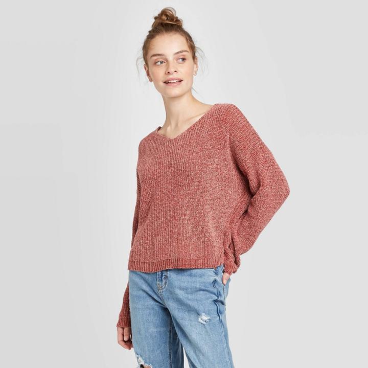 Women's Long Sleeve Crewneck Lace-up Back Chenille Pullover Sweater - Xhilaration Rose Xs, Women's, Pink