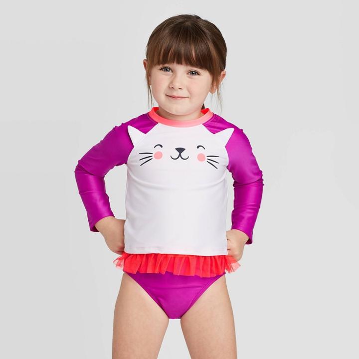 Toddler Girls' 2pc Cat Face Long Sleeve Rash Guard - Cat & Jack Purple 12m, Toddler Girl's