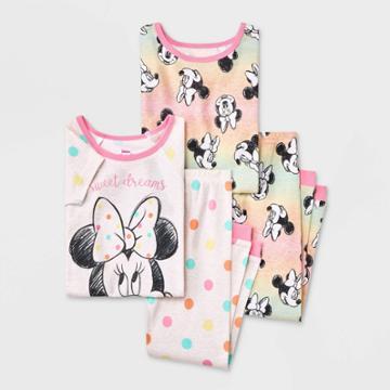 Toddler Girls' 4pc Minnie Mouse Rainbow Sweet Dreams Snug Fit Top And Pants Pajama Set - White