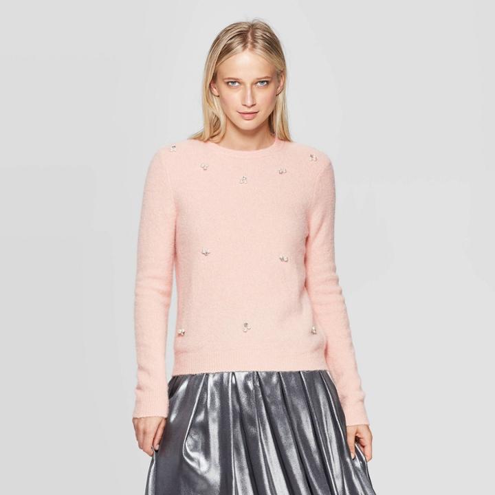 Women's Long Sleeve Embellished Crewneck Pullover Sweater - Who What Wear Peach Xs, Women's, Pink