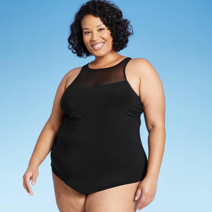 Women's Plus Size High Neck Mesh Tankini Top - Aqua Green Black X
