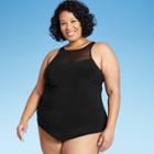 Women's Plus Size High Neck Mesh Tankini Top - Aqua Green Black X