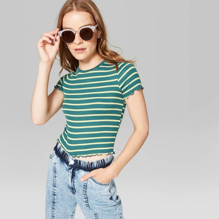Target Women's Striped Short Sleeve Crewneck Lettuce Edge Baby T-shirt - Wild Fable Teal/ivory