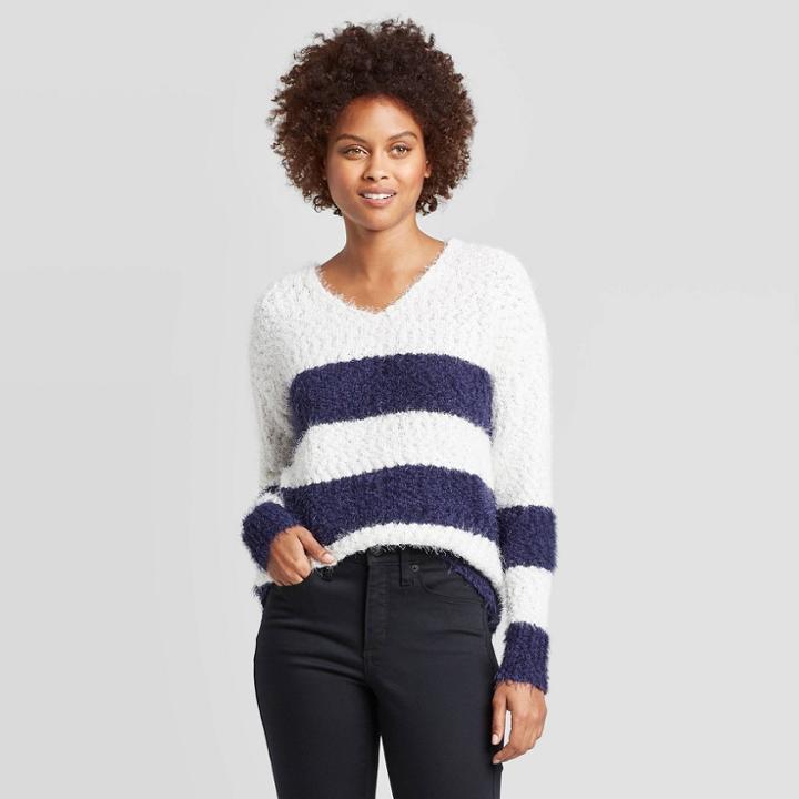 Women's Long Sleeve V-neck Eyelash Striped Pullover Sweater - Knox Rose Navy Xs, Women's, Blue