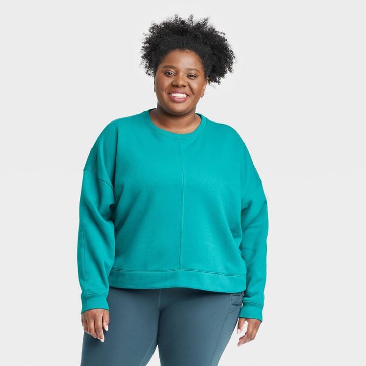 Women's Plus Size Cotton Fleece Crewneck Cropped Sweatshirt - All In Motion Turquoise Green