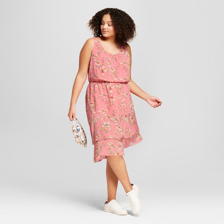 Women's Plus Size Floral Print Asymmetrical Hem Dress - A New Day Pink X