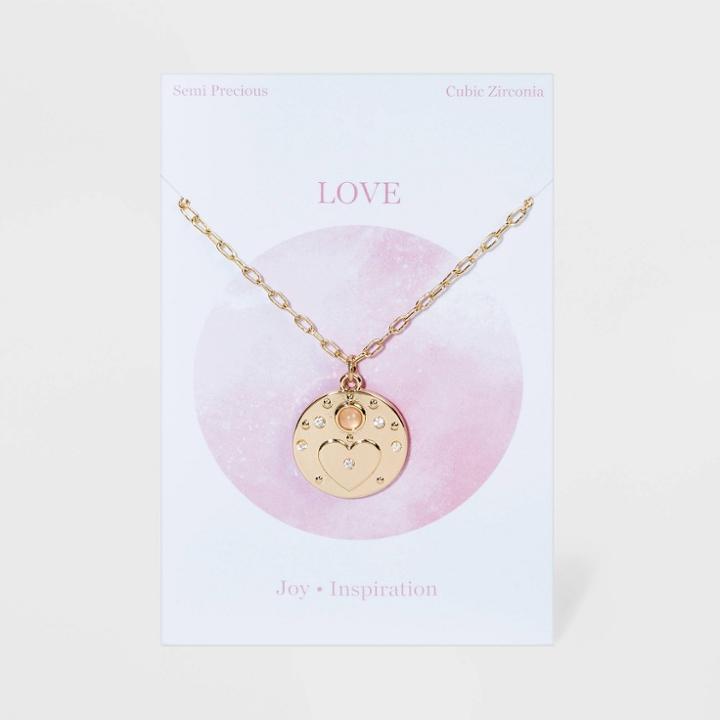 No Brand Heart Medallion With Semi Precious Stone Chain Necklace - Gold