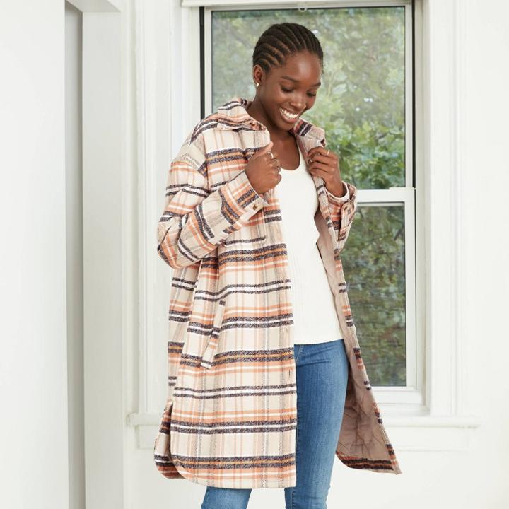 Women's Mid Length Plaid Shirt Jacket - Universal Thread