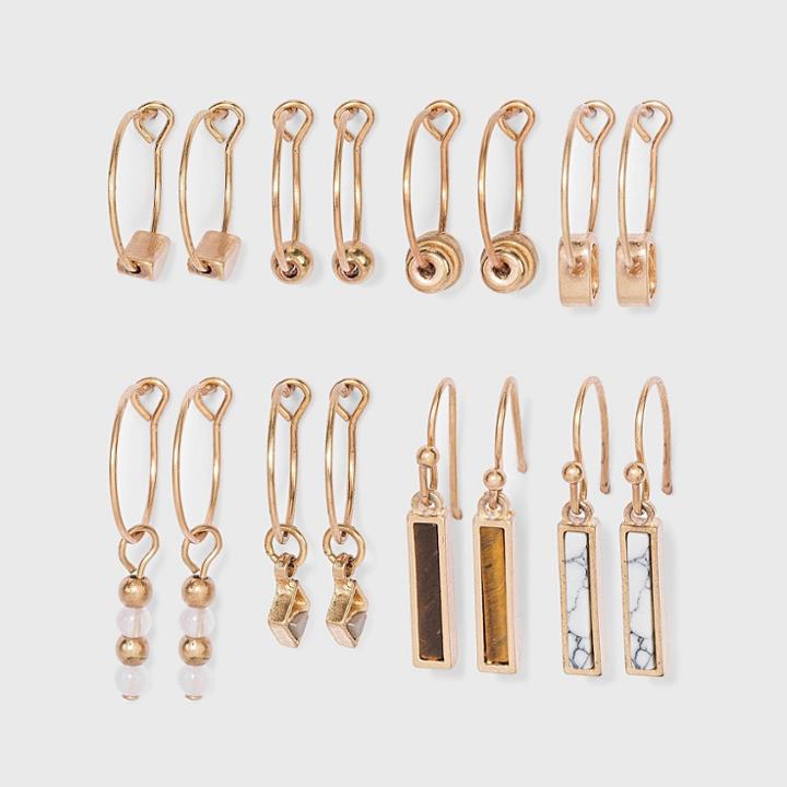 Mixed Semi-precious With Geometric Shape Charm Hoop Earring Set 8pc - Universal Thread Worn Gold