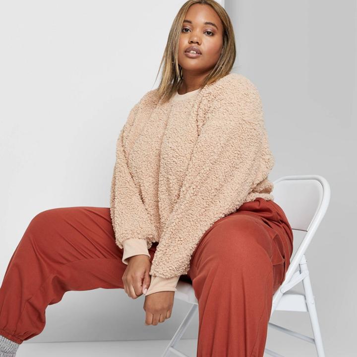 Women's Plus Size Long Sleeve Crewneck Sherpa Sweatshirt - Wild Fable Tan 3x, Women's, Size: