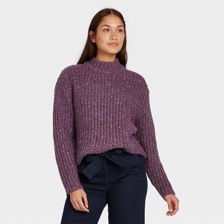 Women's Mock Turtleneck Pullover Sweater - A New Day Purple