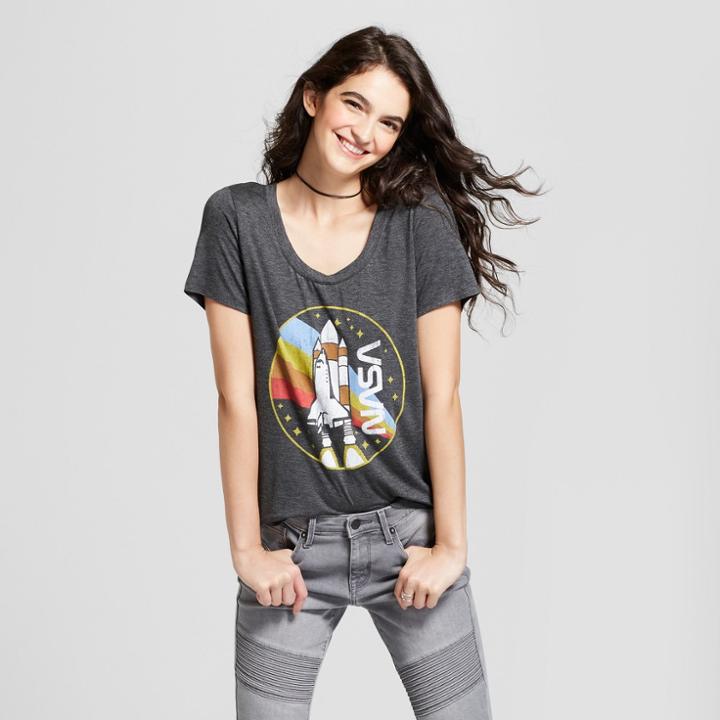 Women's Nasa Rocket Print Short Sleeve Drapey Graphic T-shirt (juniors') - Charcoal