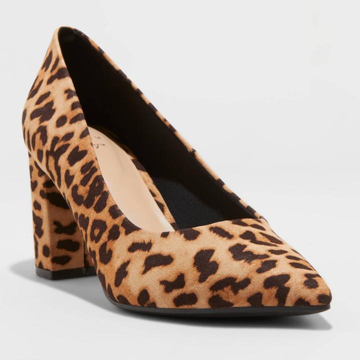 Women's Bonny Wide Width Leopard Print Block Heeled Pumps - A New Day Brown