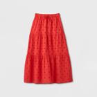 Women's Tiered Eyelet A-line Midi Skirt - A New Day Red