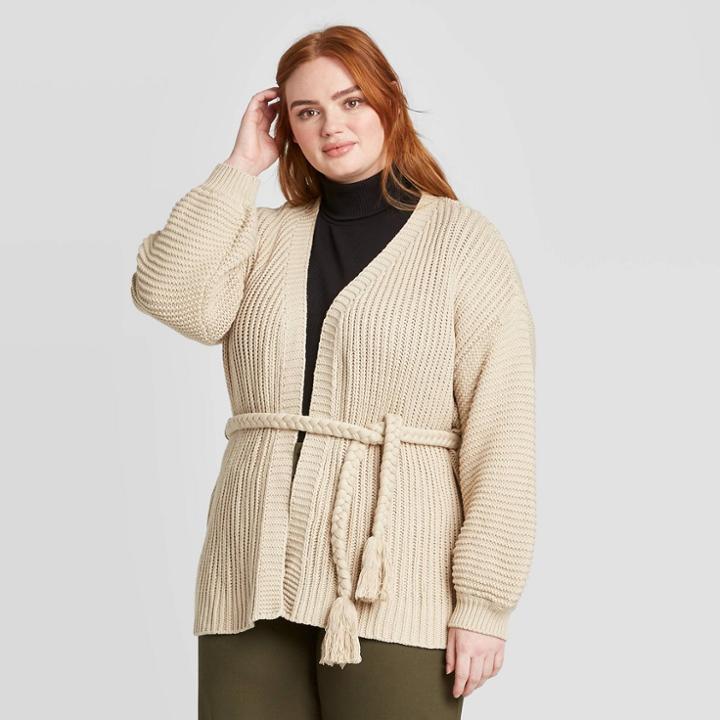 Women's Plus Size Long Sleeve Tie Waist Chunky Cardigan - Who What Wear Beige 1x, Women's,
