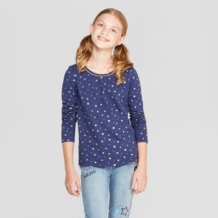 Girls' Long Sleeve Knit Top - Cat & Jack Navy Print