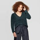 Women's Long Sleeve V-neck Chenille Pullover Sweater - A New Day Dark Green