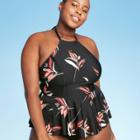 Women's Plus Size High-neck Peplum Tankini Top - Sea Angel Leaf Black 1x, Women's,