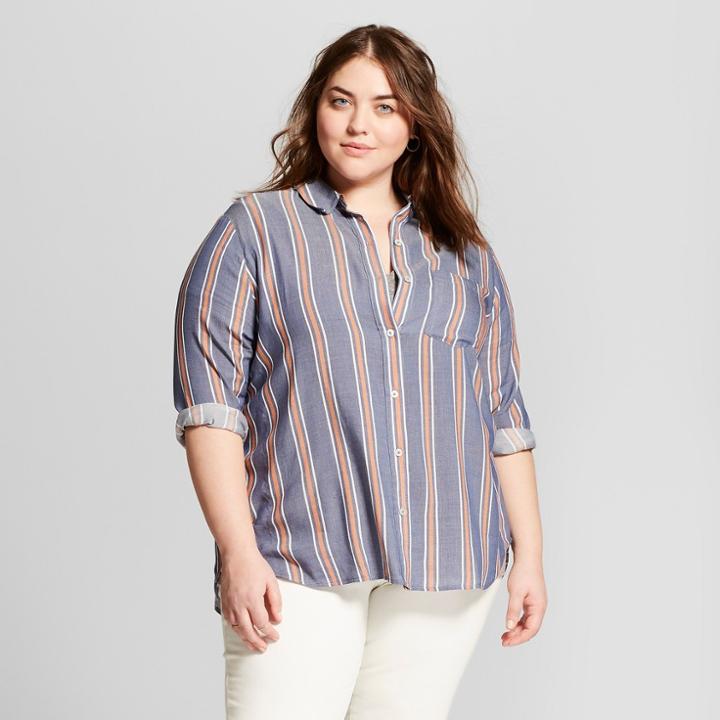 Women's Plus Size Striped Long Sleeve Button-down Shirt - Universal Thread Blue
