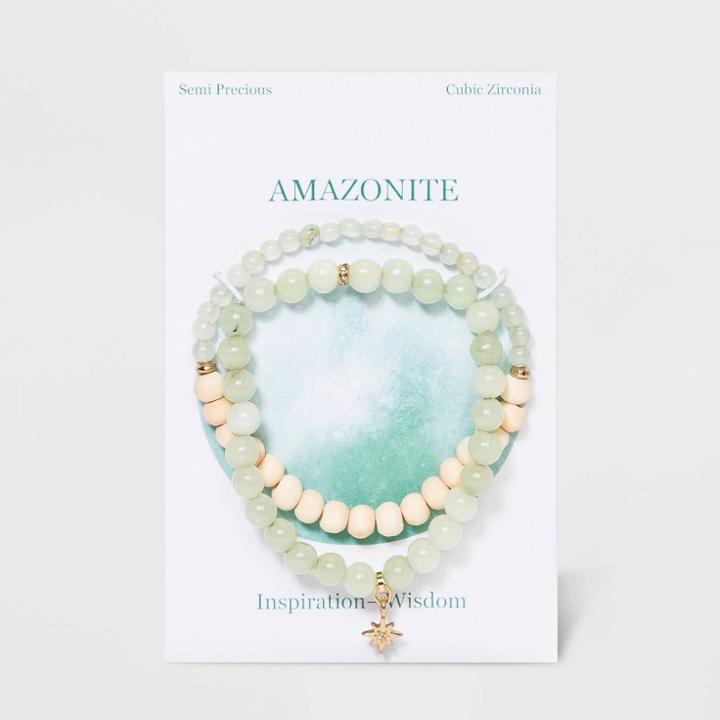 No Brand Semi-precious Amazonite And Wood Beads With Star Charm Stretch And Multi-strand Bracelet Set