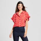 Eclair Women's Floral Print Short Dolman Sleeve Button-up Top - Clair Red