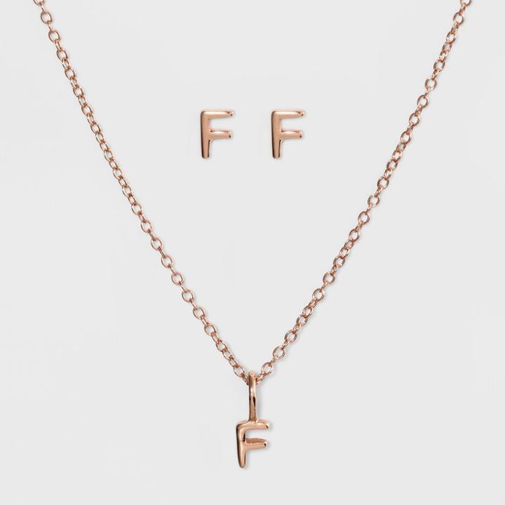 Sterling Silver Initial F Earrings And Necklace Set - A New Day Rose Gold, Girl's, Rose Gold - F