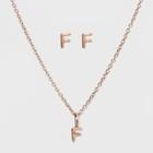 Sterling Silver Initial F Earrings And Necklace Set - A New Day Rose Gold, Girl's, Rose Gold - F