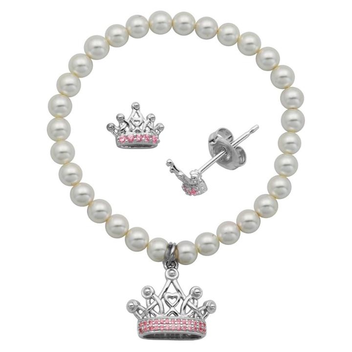 Prime Art & Jewel Children's Sterling Silver White Shell Pearl And Pink Cz Crown Stud And Bracelet Combo, Girl's, Natural