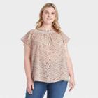 Women's Plus Size Smocked Flutter Short Sleeve Blouse - Ava & Viv Cream Floral Print