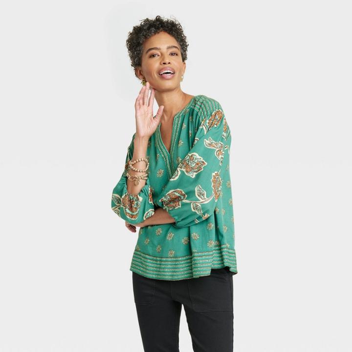 Women's Balloon 3/4 Sleeve Woven Top - Knox Rose Green Floral