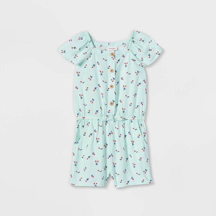 Girls' Printed Short Sleeve Woven Romper - Cat & Jack Cherries Mint Xs, Cherries Green