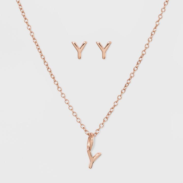 Sterling Silver Initial Y Earrings And Necklace Set - A New Day Rose Gold, Girl's, Rose Gold - Y