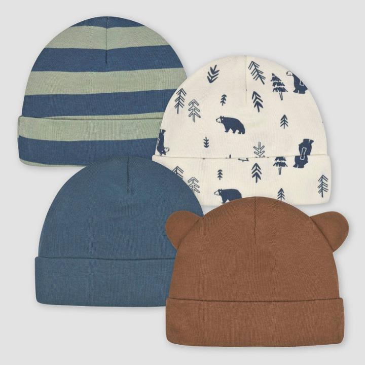 Gerber Baby 4pk Bear Caps - White/navy Blue/brown