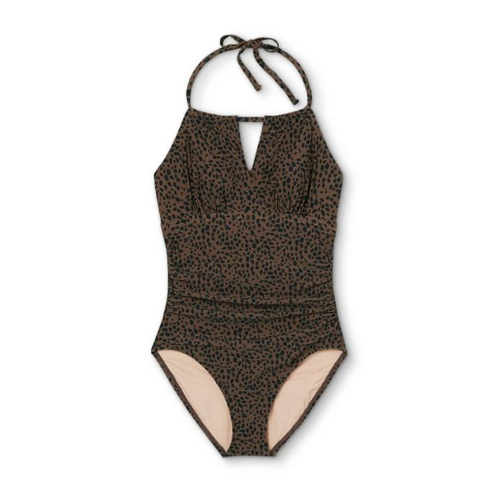 Women's Post Mastectomy High Neck High Coverage One Piece Swimsuit - Kona Sol Animal Print Xs, Black/brown