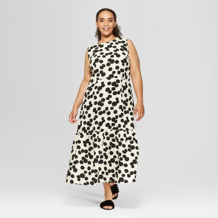 Women's Plus Size Polka Dot Sleeveless Ruffle Midi Dress - Who What Wear Cream/black