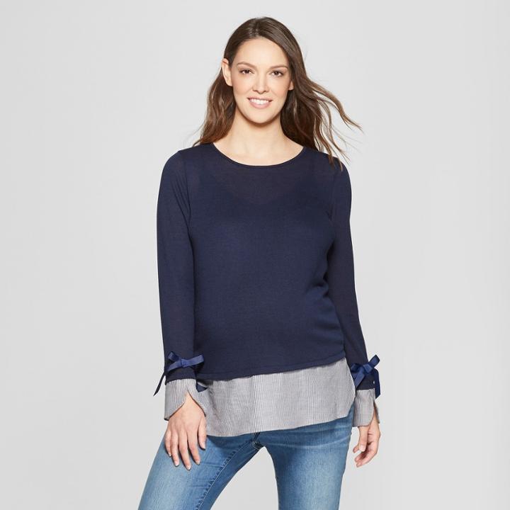 Maternity Long Sleeve Layered Ribbon Trim Sweaterknit Top - Macherie - Navy M, Women's, Blue