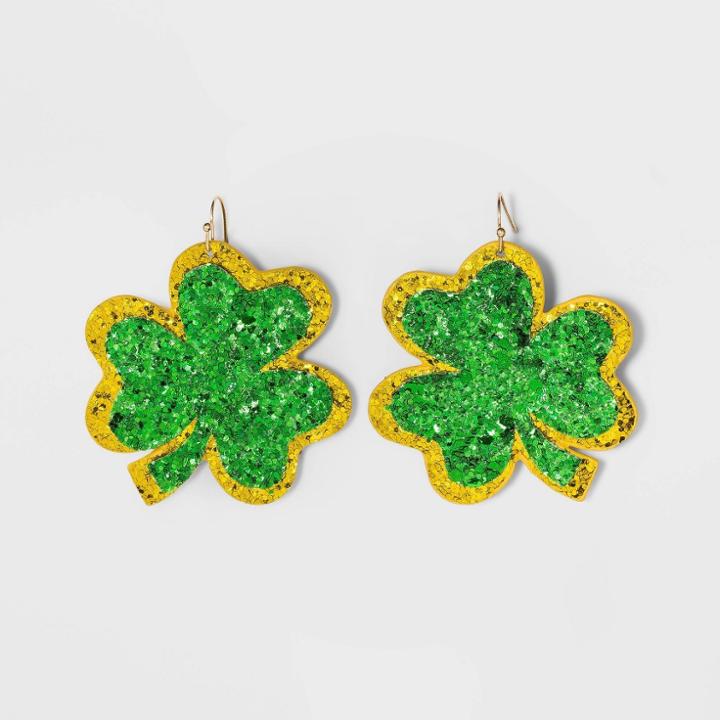 No Brand Glitter Shamrock Drop Earrings - Green