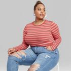 Women's Plus Size Striped Long Sleeve Round Neck Lettuce Hem Baby T-shirt - Wild Fable Burgundy 1x, Women's, Size: