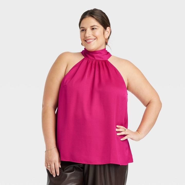 Women's Plus Size Satin Halter Top - A New Day Magenta