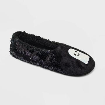 Women's Sparkly Ghost Flip Sequin Pull-on Slipper Socks With Grippers - Hyde & Eek! Boutique Silver/black
