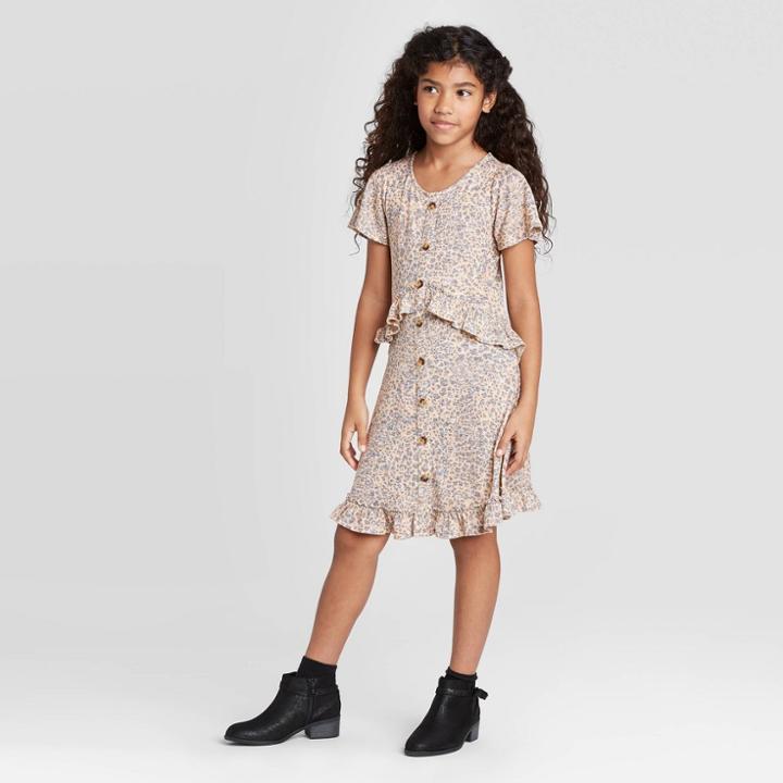 Petitegirls' Short Sleeve Button-front Ruffle Knit Dress - Art Class Tan S, Girl's,