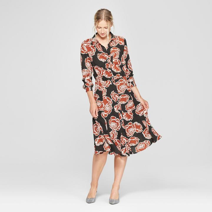 Women's Floral Print Convertible Sleeve Midi Shirt Dress - Who What Wear Black M, Black Floral