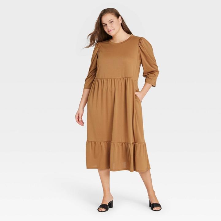 Women's Plus Size Floral Print Raglan Long Sleeve High Low Dress - Who What Wear Brown