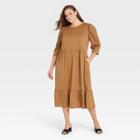 Women's Plus Size Floral Print Raglan Long Sleeve High Low Dress - Who What Wear Brown