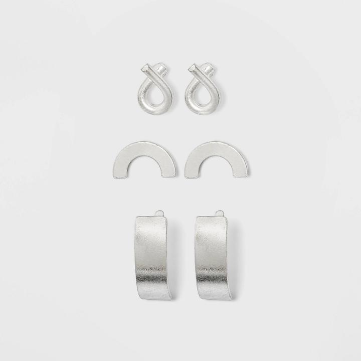 Sterling Silver Recycled Metal Semi-circle And Half Hoop Earring Set 3pc - Universal Thread